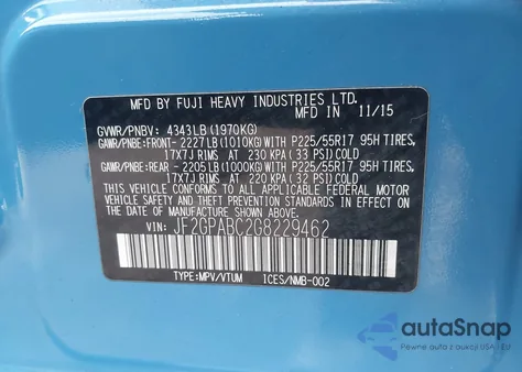 2016 Subaru Crosstrek 2.0I Premium from USA, damaged, VIN JF2GPABC2G8229462